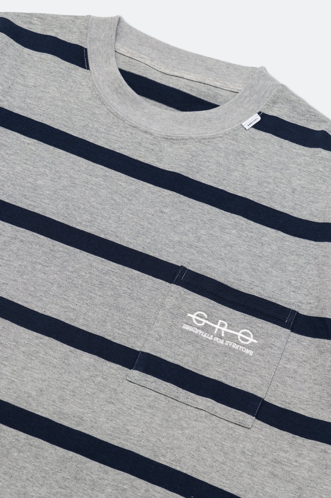 GROCERY EMBROIDERY LOGO STRIPE POCKET TEE/ GREY & NAVY - GROGROCERY