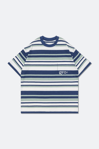 GROCERY EMBROIDERY LOGO STRIPE POCKET TEE/ MULTI STRIPE NAVY - GROGROCERY