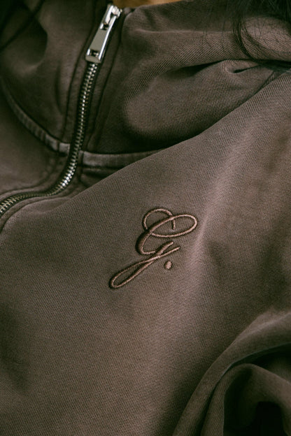 GROCERY FADE WASHED CROPPED ZIP UP HOODIE/ WASHED BROWN - GROGROCERY