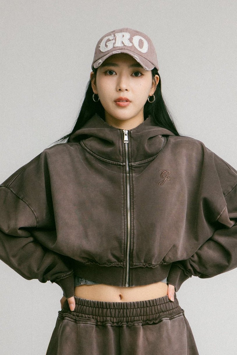 GROCERY FADE WASHED CROPPED ZIP UP HOODIE/ WASHED BROWN - GROGROCERY