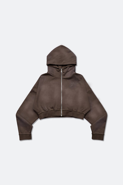 GROCERY FADE WASHED CROPPED ZIP UP HOODIE/ WASHED BROWN - GROGROCERY