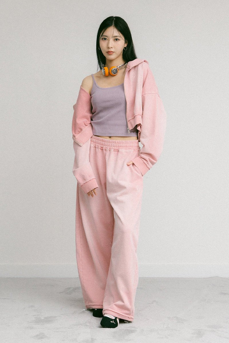 GROCERY FADE WASHED CROPPED ZIP UP HOODIE/ WASHED PINK - GROGROCERY