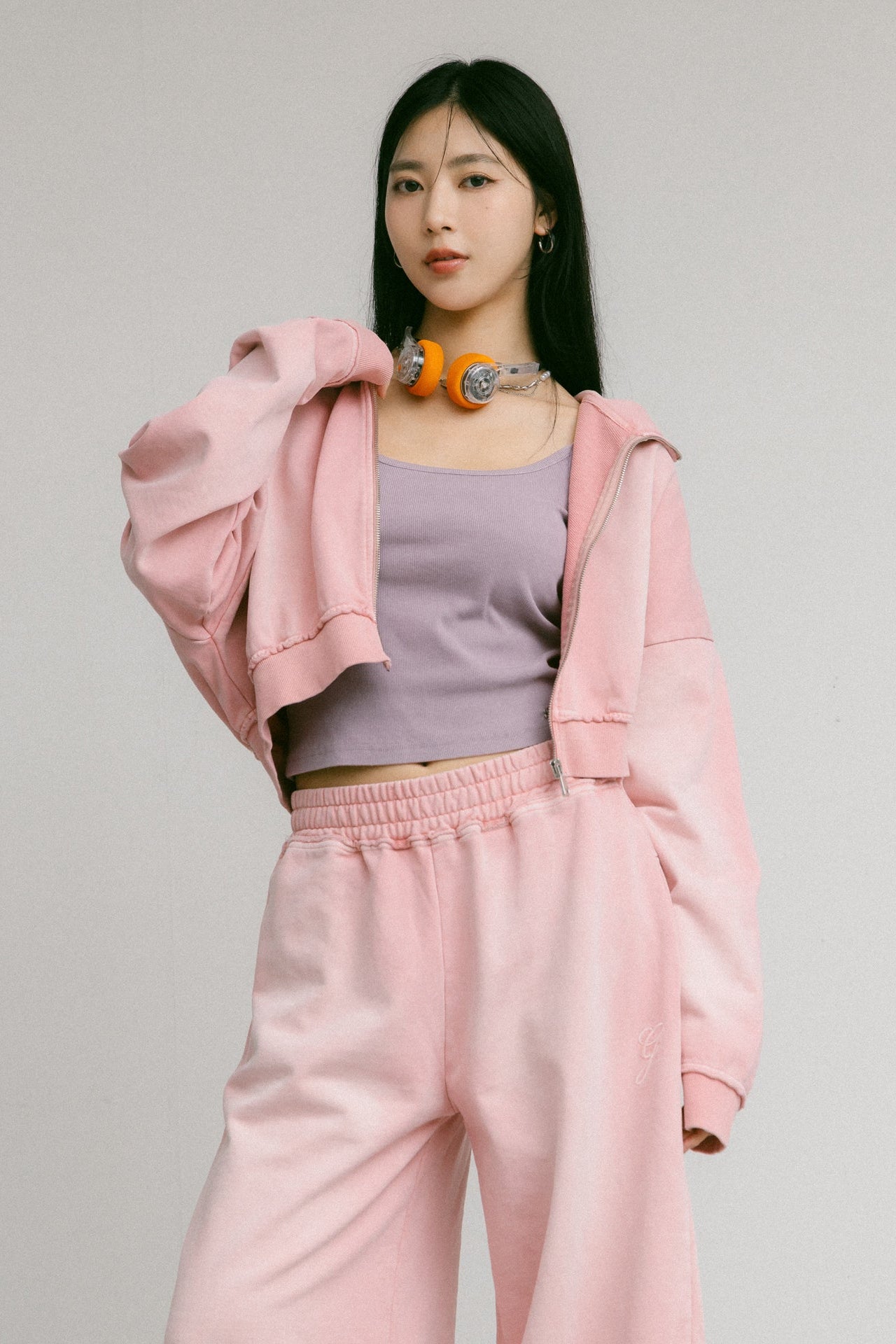 GROCERY FADE WASHED CROPPED ZIP UP HOODIE/ WASHED PINK - GROGROCERY