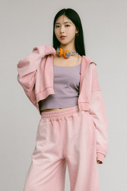 GROCERY FADE WASHED CROPPED ZIP UP HOODIE/ WASHED PINK - GROGROCERY