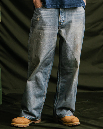 GROCERY FAKE WASHED PRINT WIDE DENIM JEANS/ BLUE - GROGROCERY