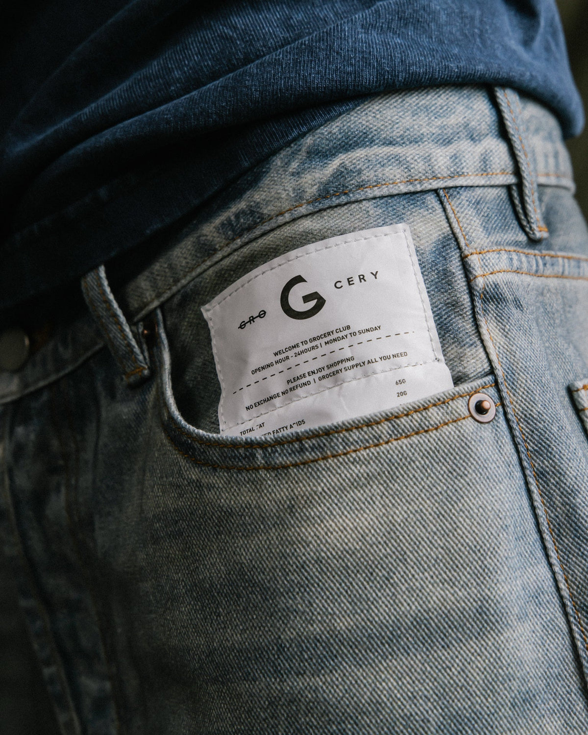 GROCERY FAKE WASHED PRINT WIDE DENIM JEANS/ BLUE - GROGROCERY