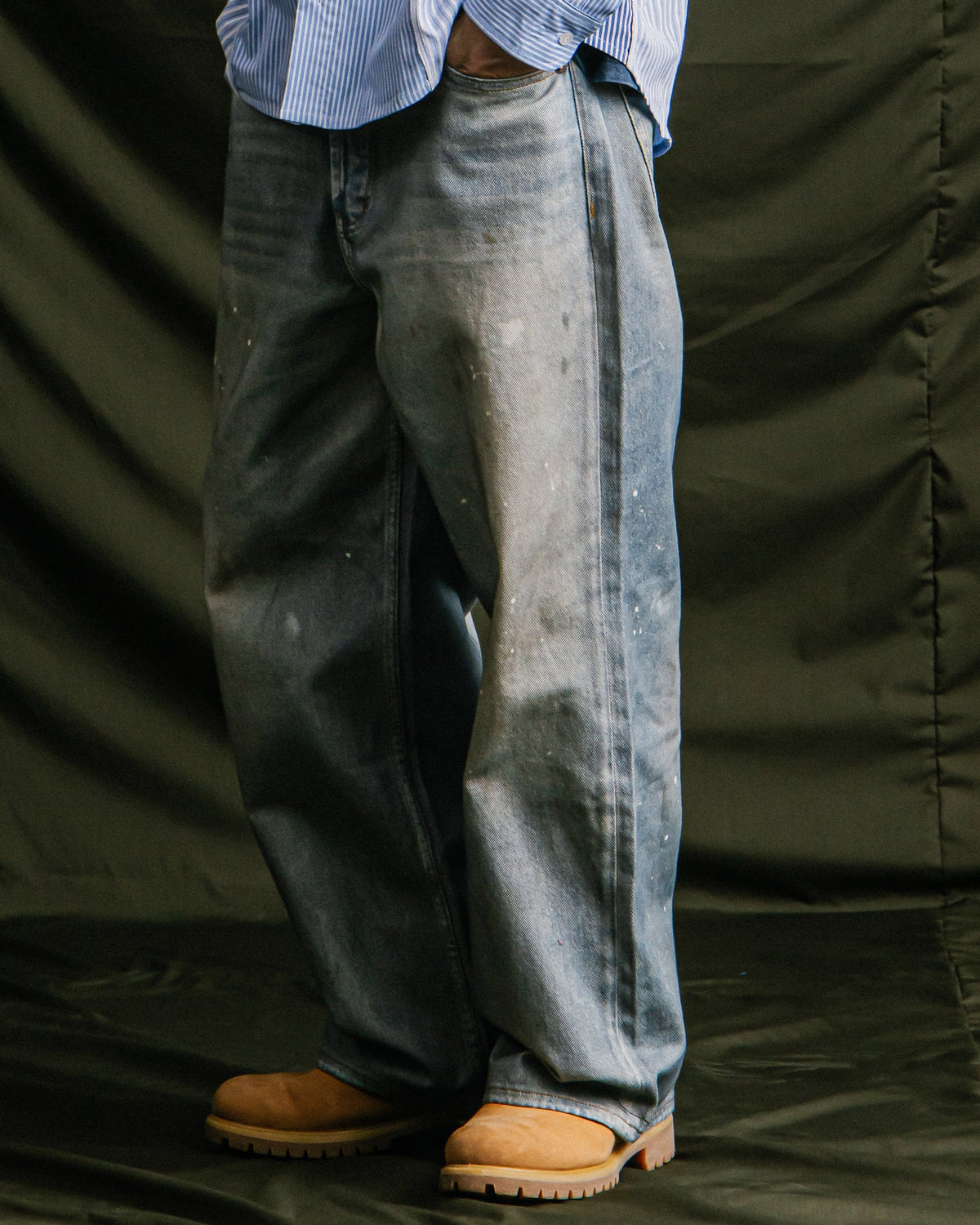 GROCERY FAKE WASHED PRINT WIDE DENIM JEANS/ BLUE - GROGROCERY