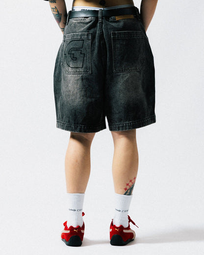 GROCERY G LOGO WASHED DENIM SHORTS/ BLACK - GROGROCERY