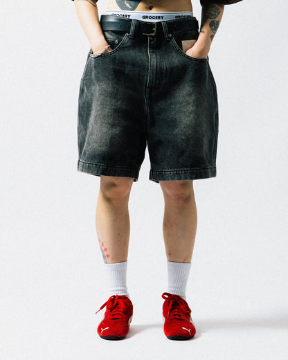 GROCERY G LOGO WASHED DENIM SHORTS/ BLACK - GROGROCERY