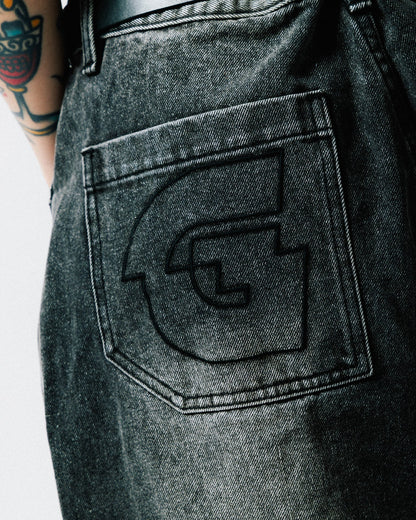 GROCERY G LOGO WASHED DENIM SHORTS/ BLACK - GROGROCERY