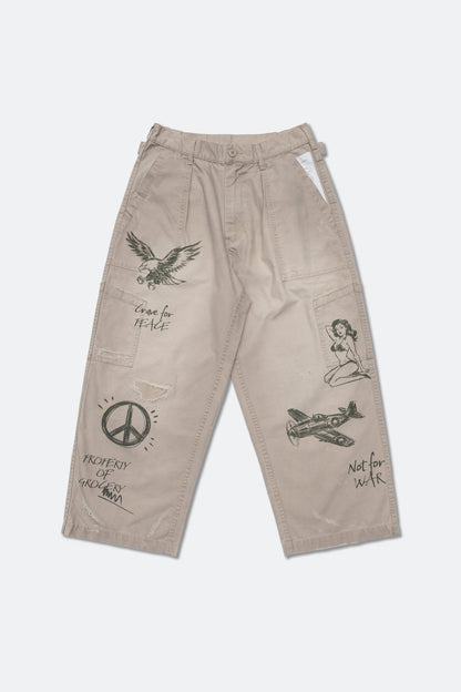 GROCERY HAND DRAWN GRAPHIC WASHED WIDE CHINO PANTS/ BEIGE - GROGROCERY