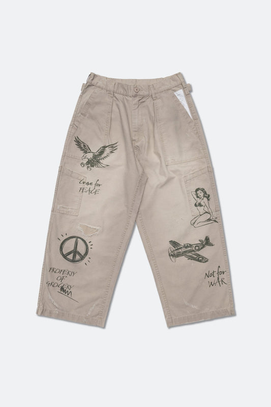 GROCERY HAND DRAWN GRAPHIC WASHED WIDE CHINO PANTS/ BEIGE - GROGROCERY