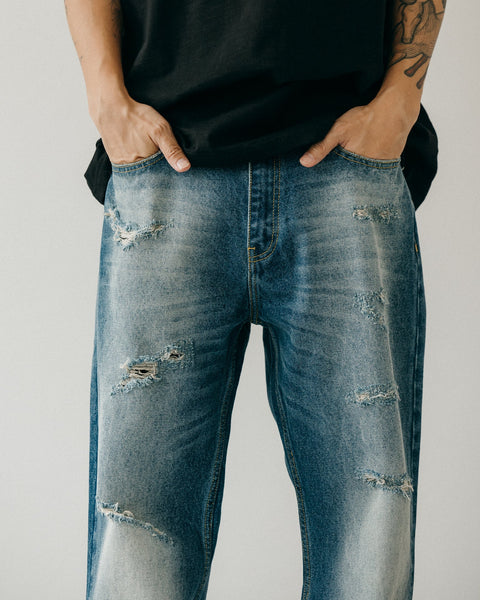 GROCERY JN - 002 DISTRESSED WASHED DENIM JEANS/ BLUE - GROGROCERY