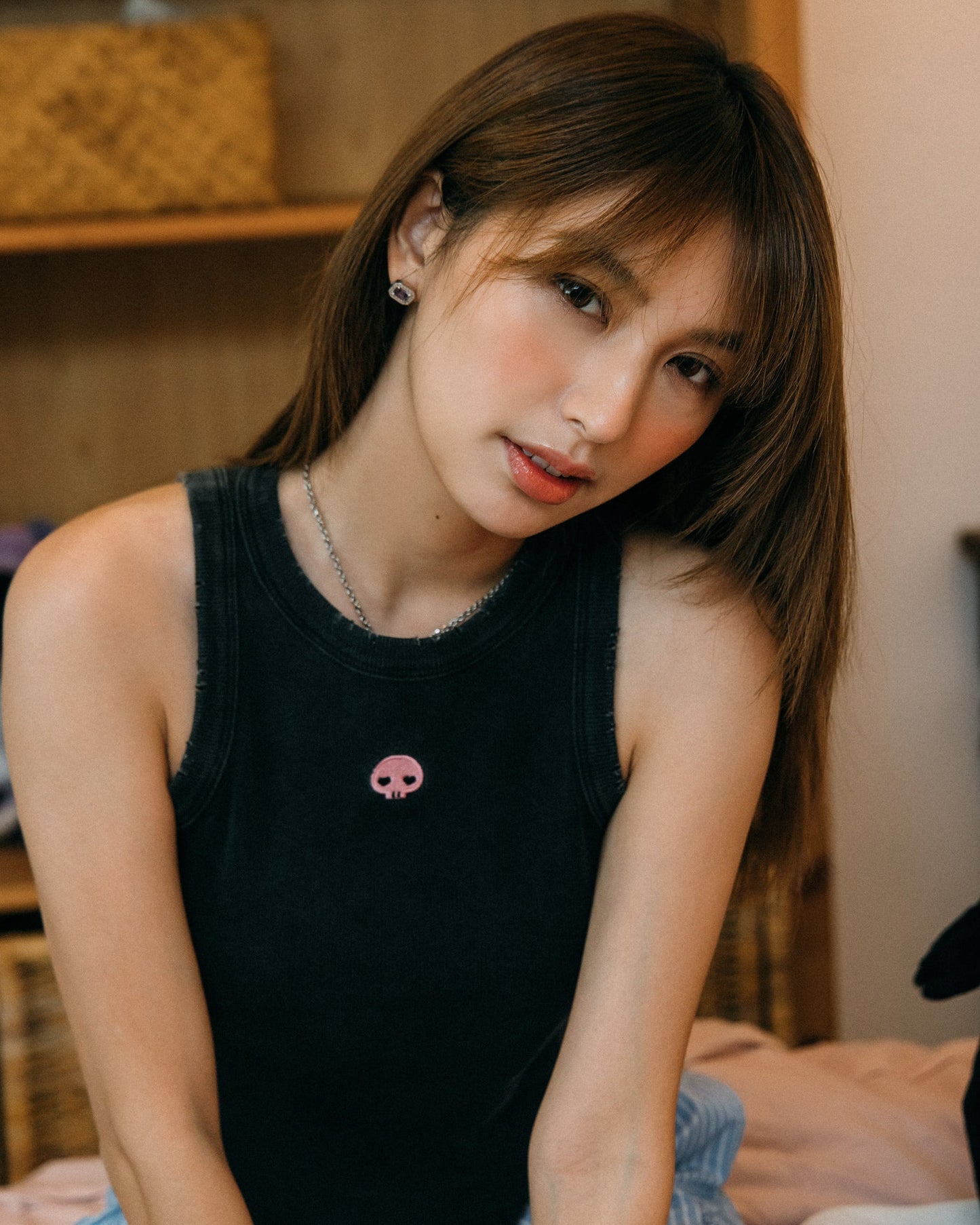 GROCERY | KUROMI EMBROIDERY LOGO WASHED RIBBED TANK TOP/ BLACK - GROGROCERY