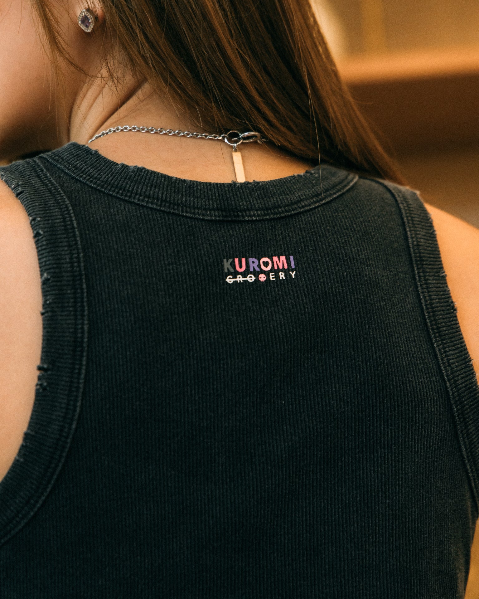 GROCERY | KUROMI EMBROIDERY LOGO WASHED RIBBED TANK TOP/ BLACK - GROGROCERY