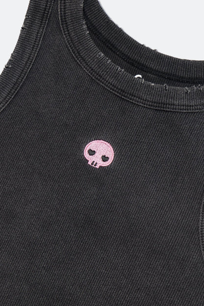 GROCERY | KUROMI EMBROIDERY LOGO WASHED RIBBED TANK TOP/ BLACK - GROGROCERY