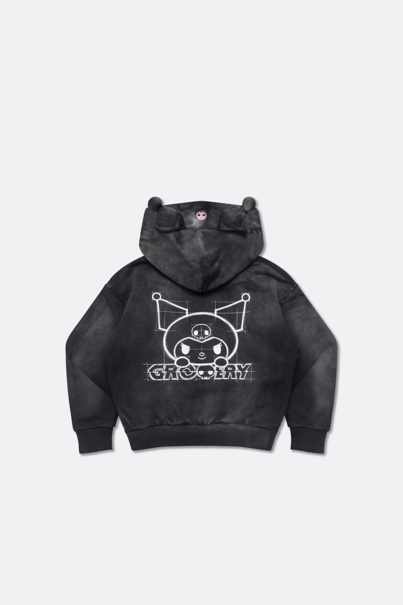 GROCERY | KUROMI KIDS SKETCH KUROMI WASHED GRAPHIC ZIP UP HOODIE/ WASHED BLACK - GROGROCERY