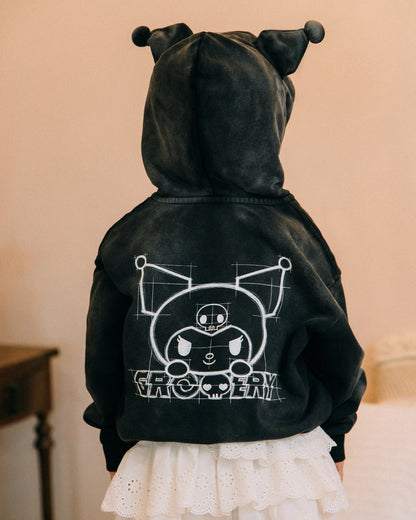 GROCERY | KUROMI KIDS SKETCH KUROMI WASHED GRAPHIC ZIP UP HOODIE/ WASHED BLACK - GROGROCERY