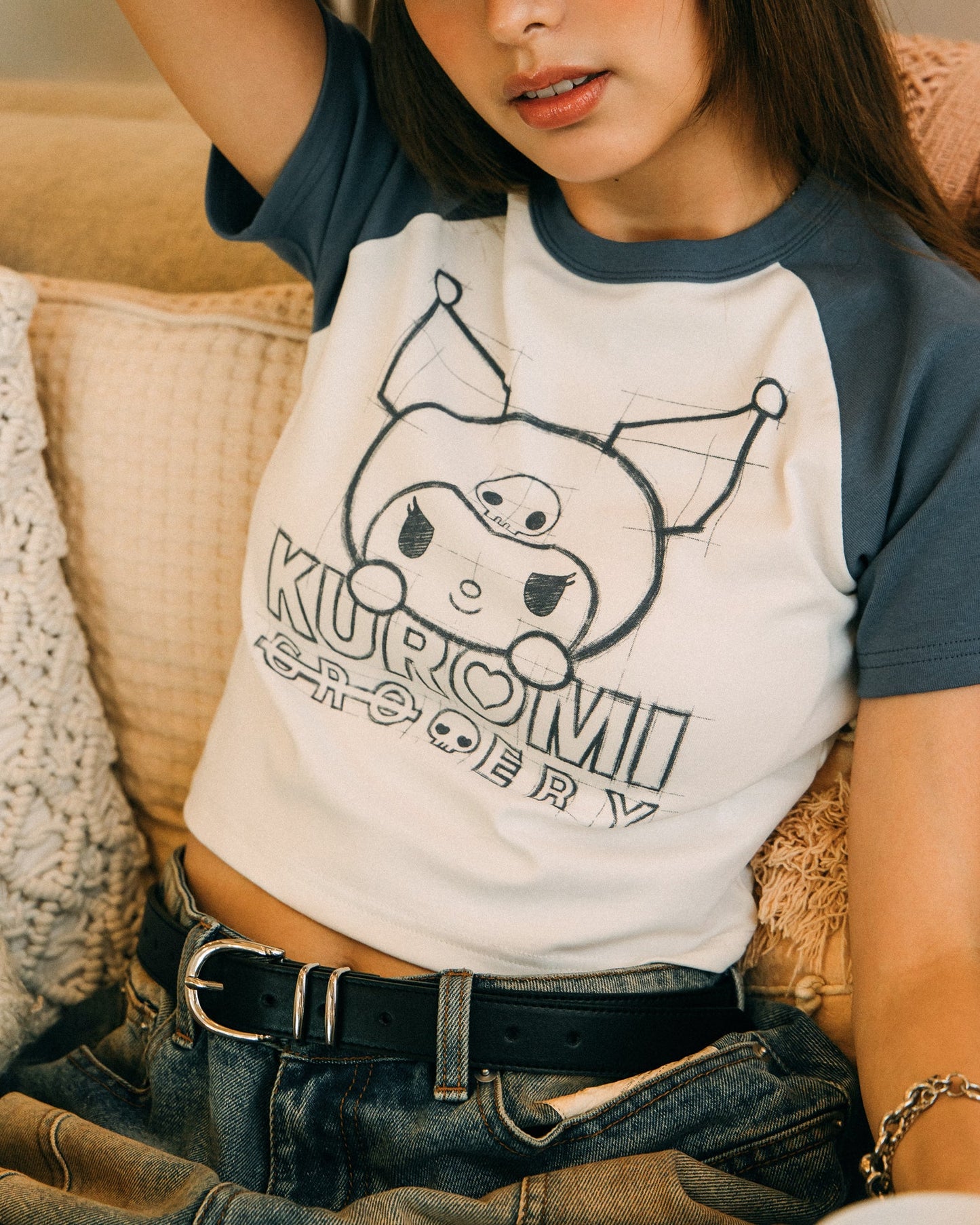 GROCERY | KUROMI RAGLAN BABY TEE/ WHITE & PURPLE - GROGROCERY