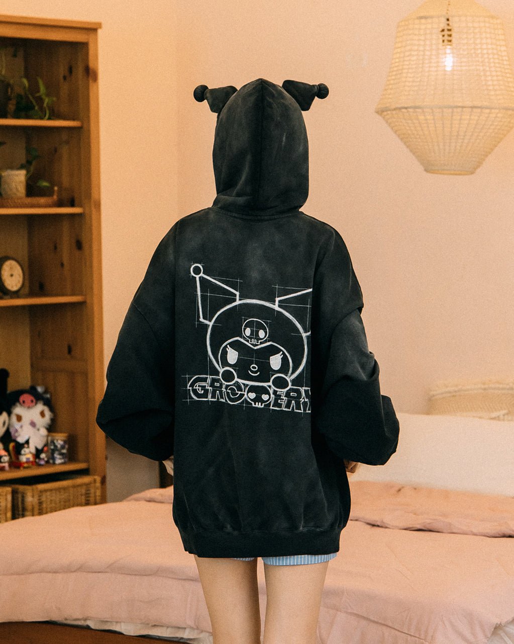 GROCERY | KUROMI SKETCH KUROMI WASHED GRAPHIC ZIP UP HOODIE/ WASHED BLACK - GROGROCERY