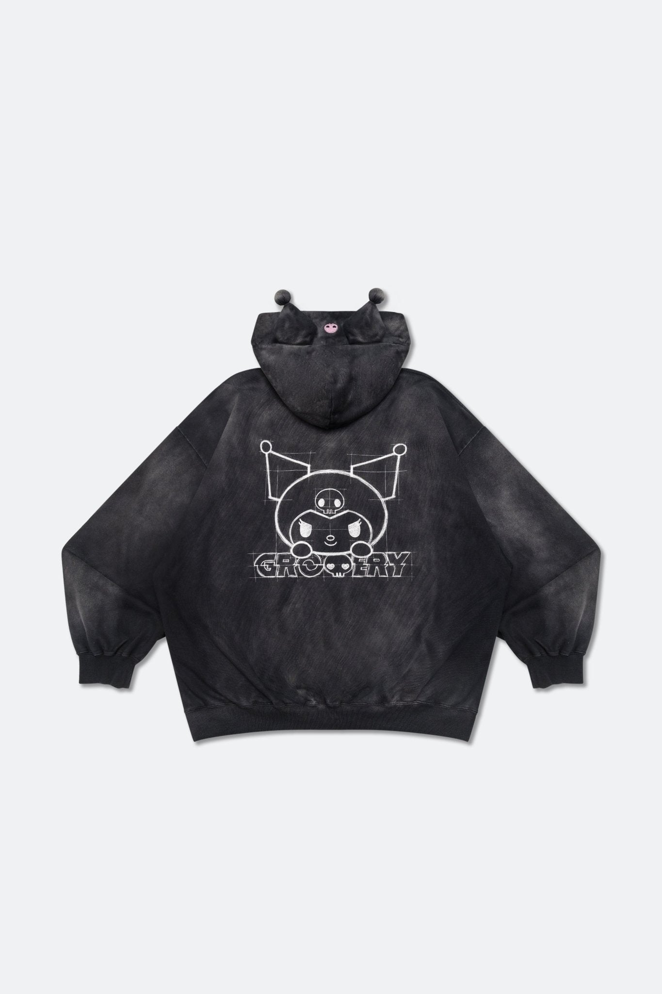 GROCERY | KUROMI SKETCH KUROMI WASHED GRAPHIC ZIP UP HOODIE/ WASHED BLACK - GROGROCERY