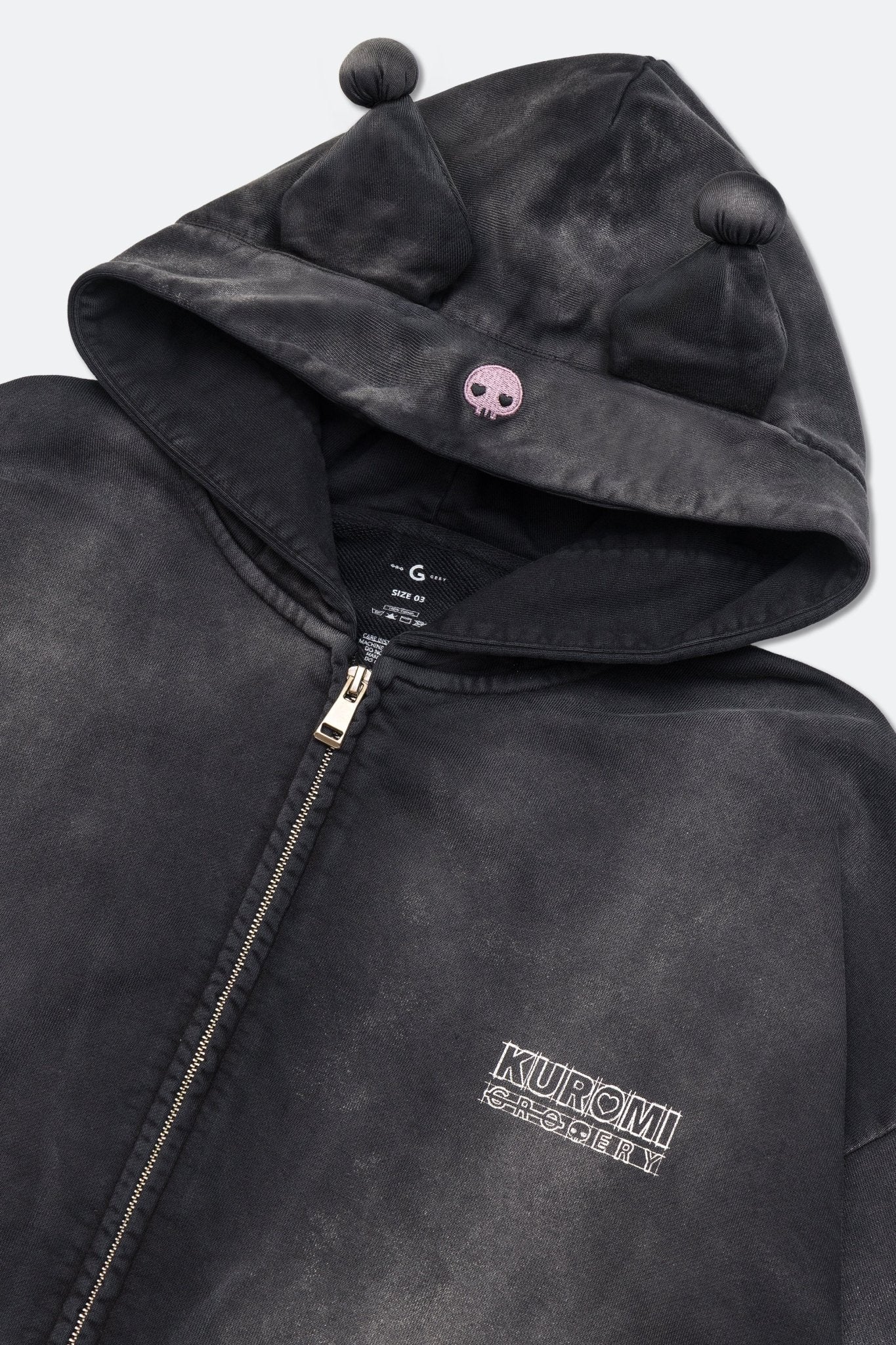GROCERY | KUROMI SKETCH KUROMI WASHED GRAPHIC ZIP UP HOODIE/ WASHED BLACK - GROGROCERY