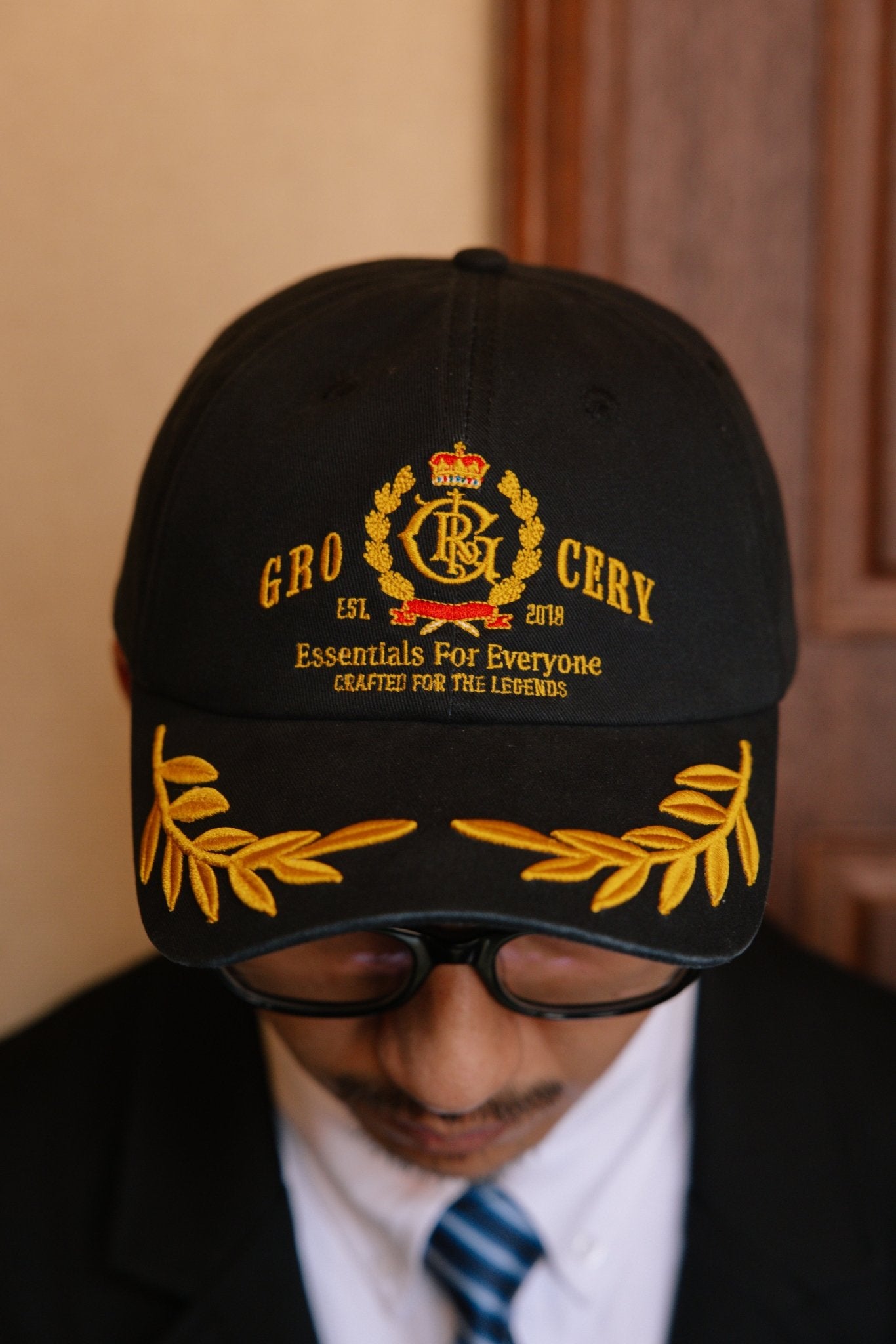 GROCERY LIGHT WASHED COLLEGE OAK LEAVES EMBROIDERY CAP/ BLACK - GROGROCERY