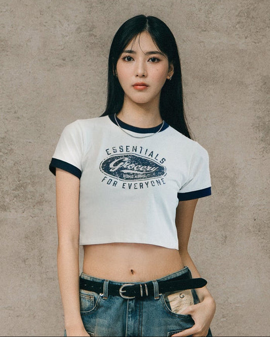 GROCERY LOGO CROPPED RINGER TEE/ WHITE - GROGROCERY