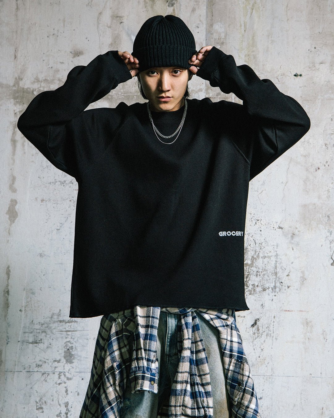 GROCERY LOGO WAFFLE LONG TOP/ BLACK - GROGROCERY