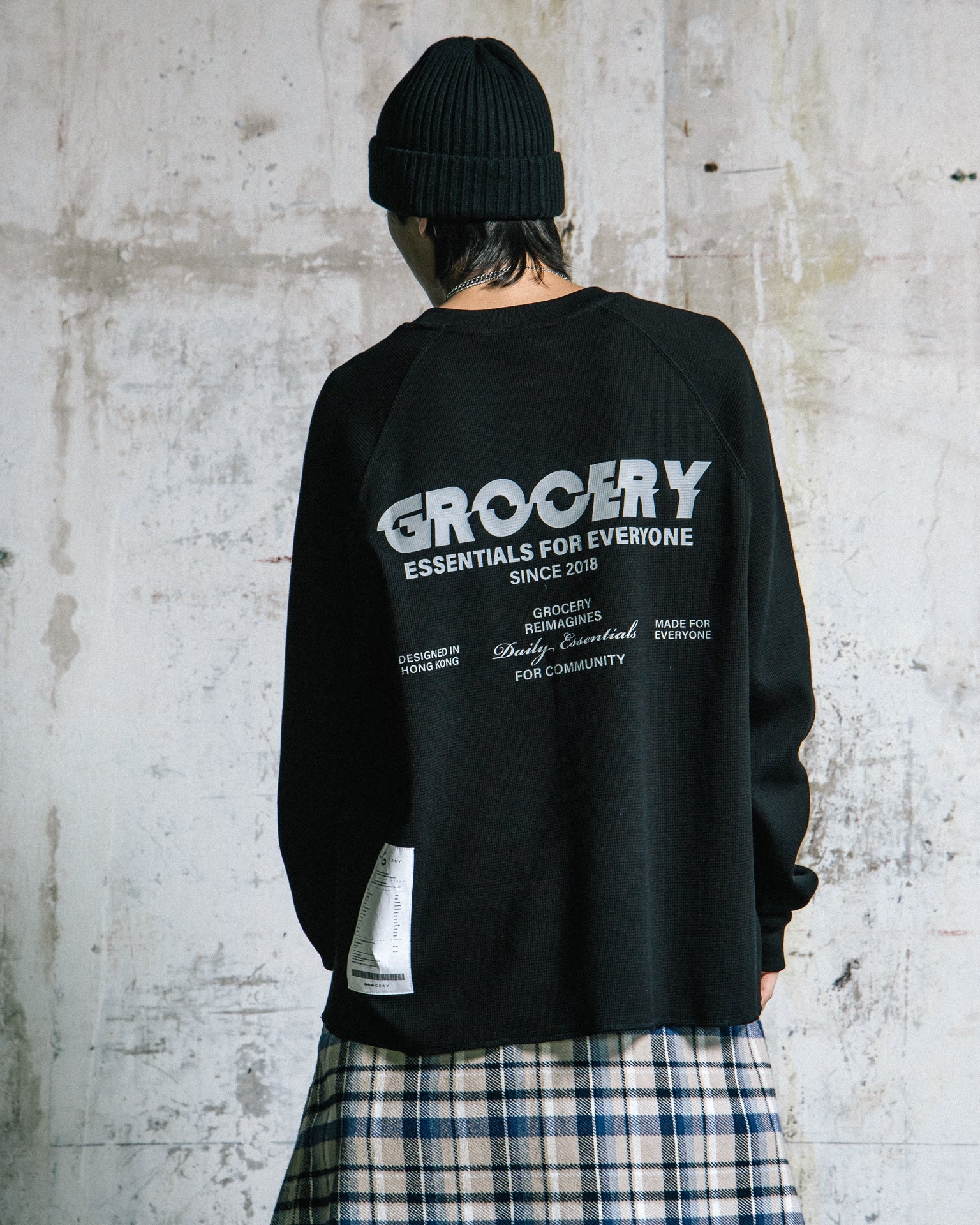 GROCERY LOGO WAFFLE LONG TOP/ BLACK - GROGROCERY