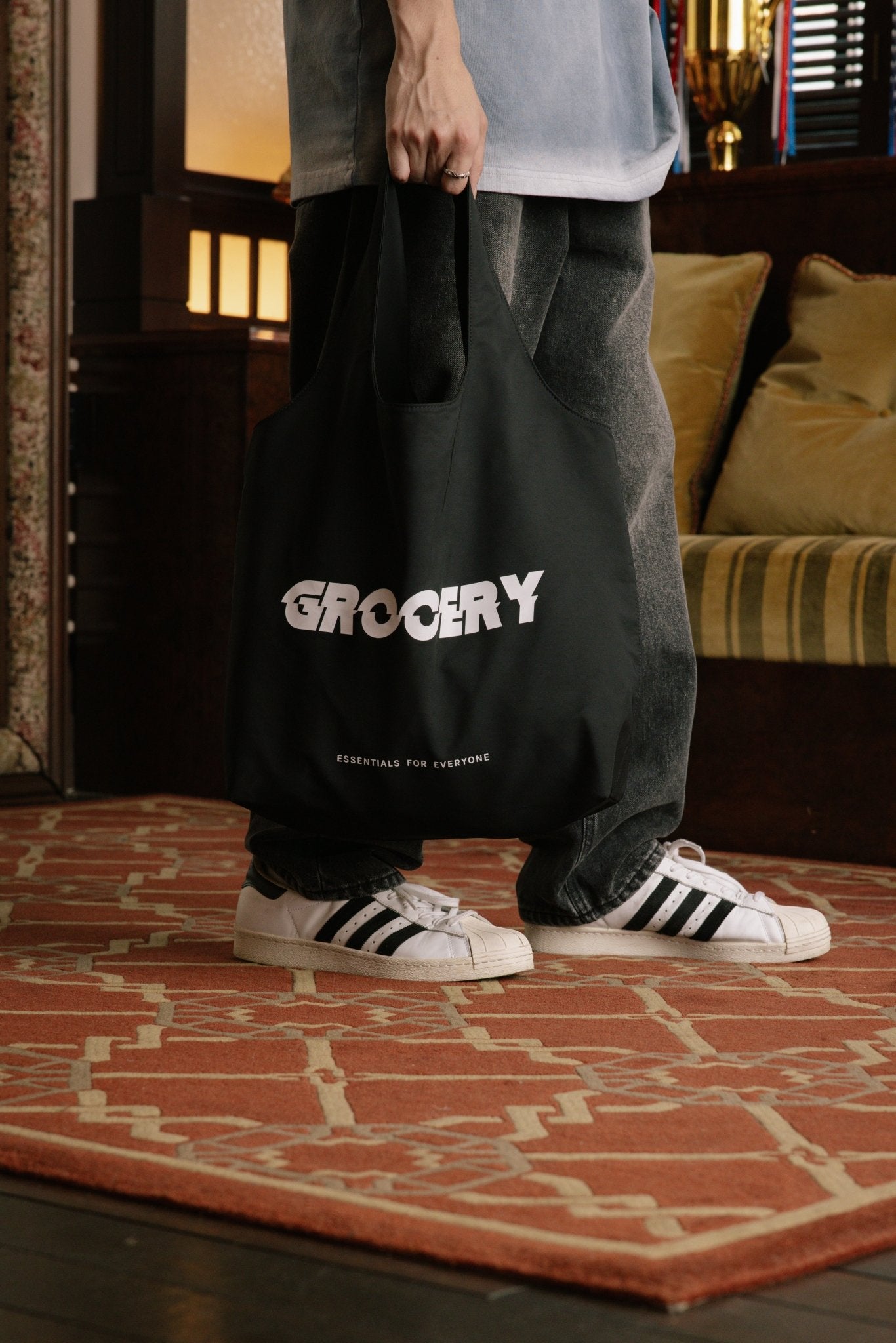 GROCERY NYLON SHOPPING TOTE BAG/ BLACK - GROGROCERY