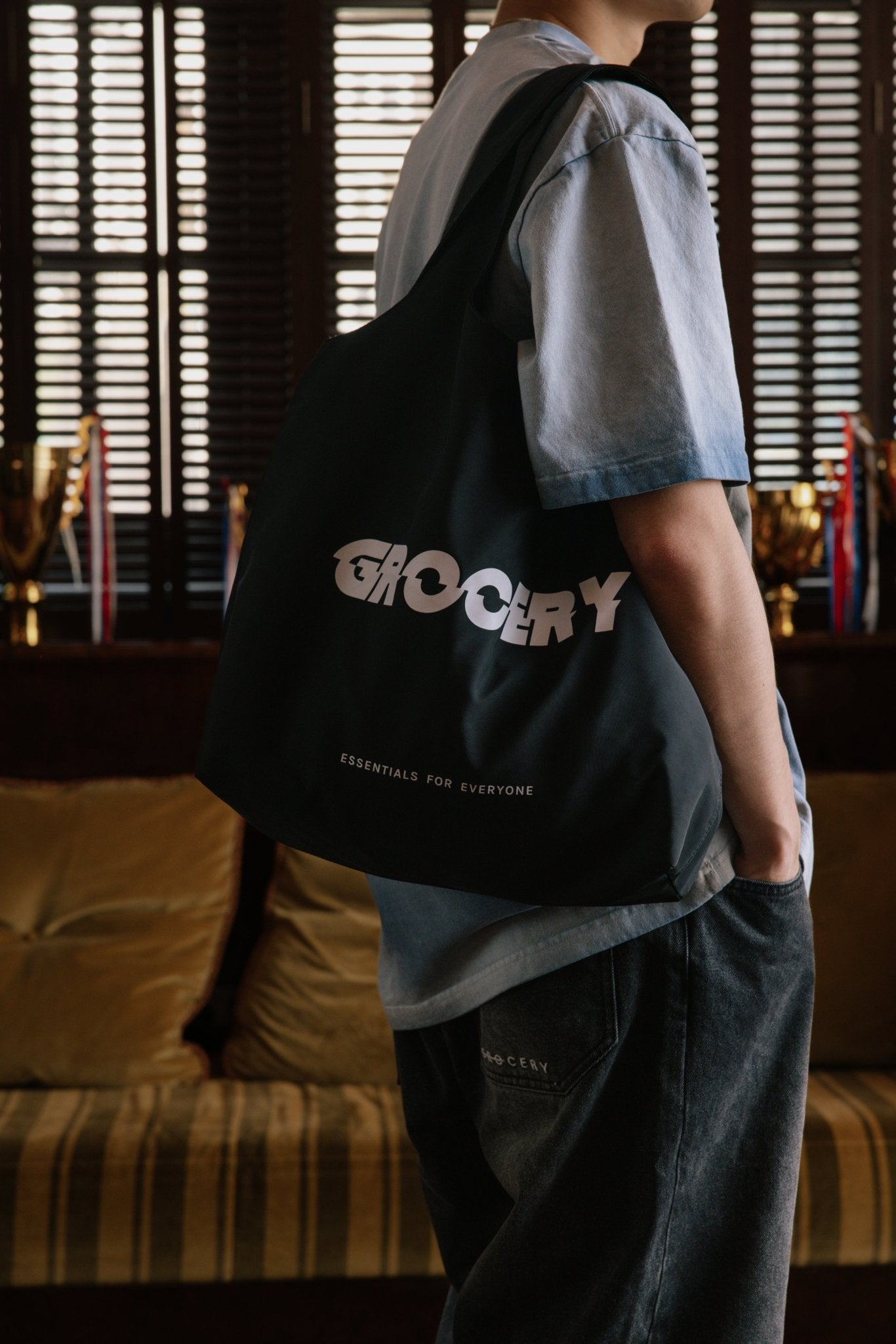 GROCERY NYLON SHOPPING TOTE BAG/ BLACK - GROGROCERY