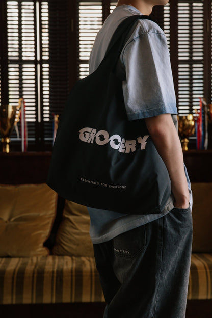 GROCERY NYLON SHOPPING TOTE BAG/ BLACK - GROGROCERY