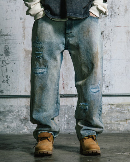 GROCERY PATCH DESTROY DIRTY WASHED BAGGY JEANS/ LIGHT BLUE - GROGROCERY