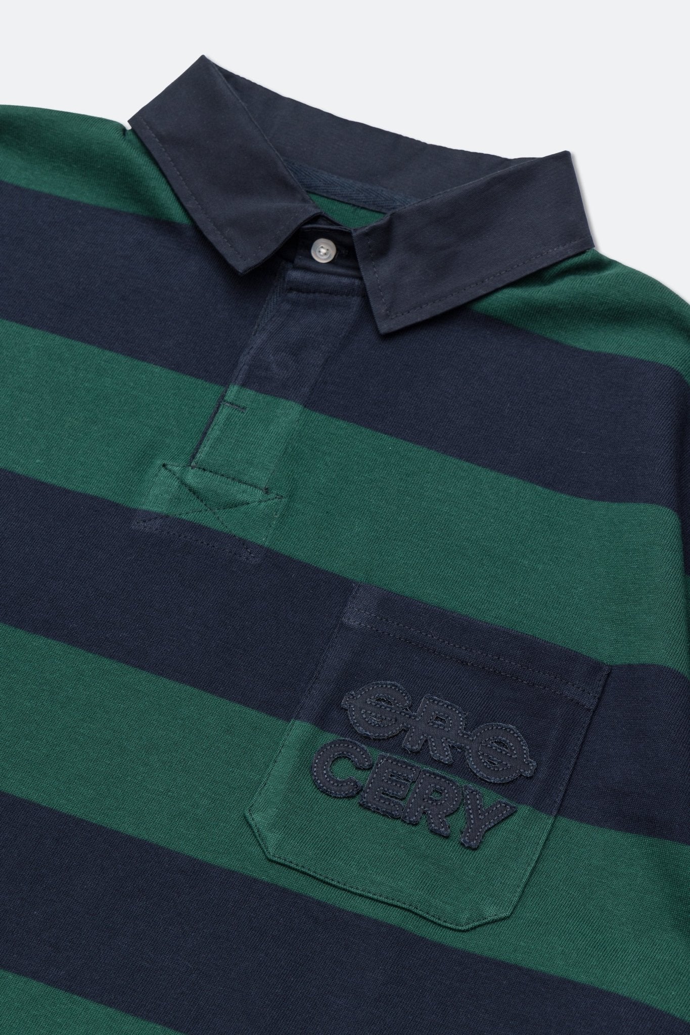 GROCERY PO - 004 EMBROIDERY POCKET STRIPE POLO/ GREEN & NAVY - GROGROCERY