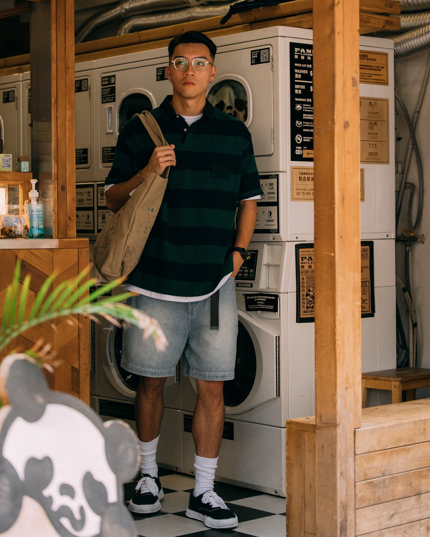 GROCERY PO - 004 EMBROIDERY POCKET STRIPE POLO/ GREEN & NAVY - GROGROCERY