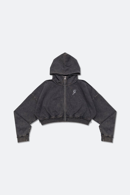 GROCERY SNOW WASHED CROPPED ZIP UP HOODIE/ WASHED BLACK - GROGROCERY