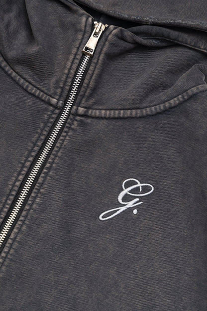 GROCERY SNOW WASHED CROPPED ZIP UP HOODIE/ WASHED BLACK - GROGROCERY