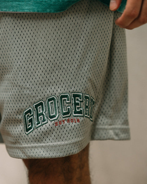 GROCERY SP - 014 COLLEGE EMBROIDERY MESH SHORTS/ LIGHT GRAY - GROGROCERY