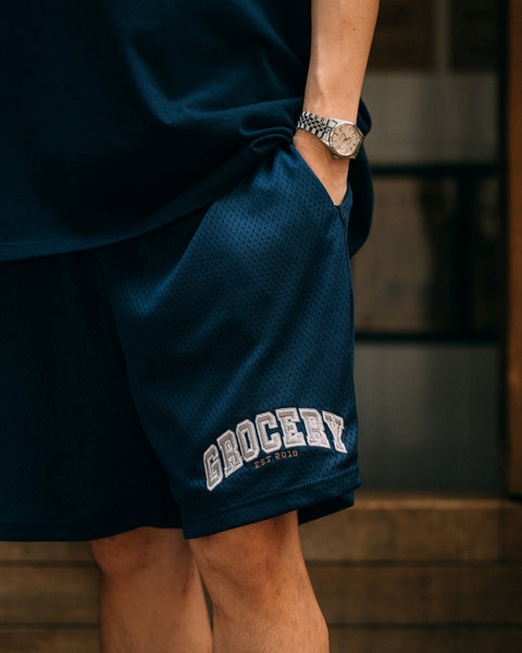 GROCERY SP - 014 COLLEGE EMBROIDERY MESH SHORTS/ NAVY - GROGROCERY