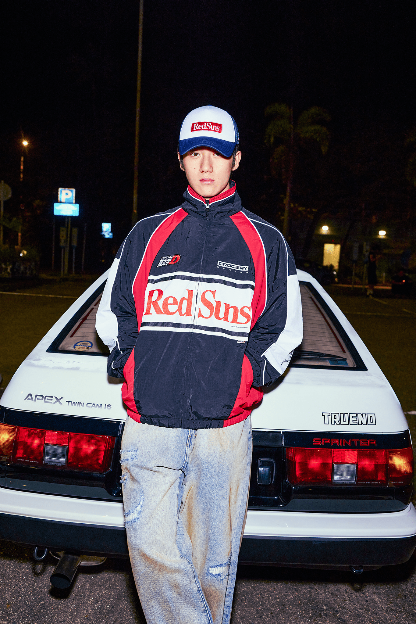 GROCERY | TARMAC | INITIAL D REDSUNS REFLECTIVE RACING TRACK JACKET/ RED & BLACK - GROGROCERY