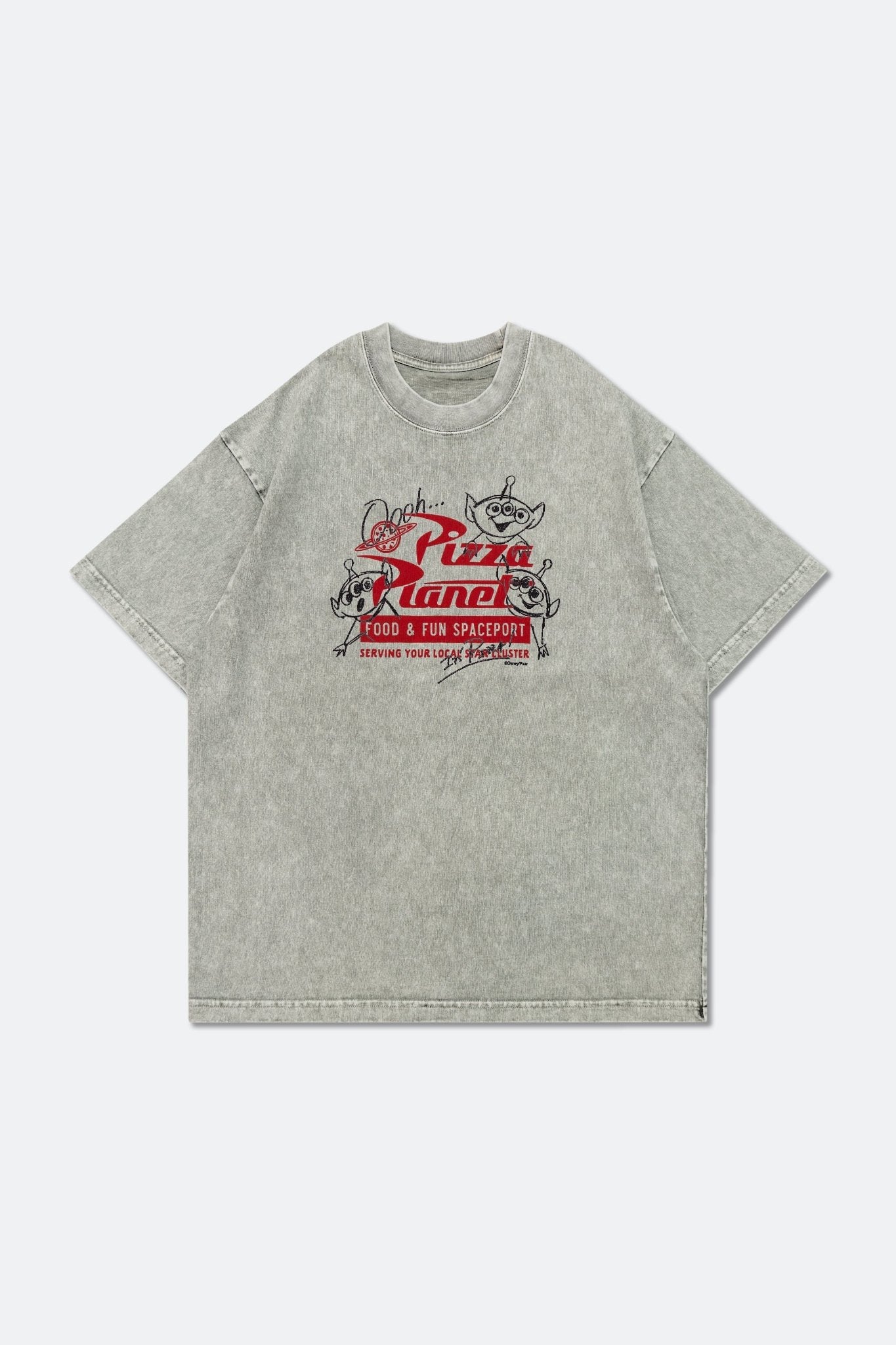 GROCERY | TARMAC | TOY STORY PIZZA PLANET HAND DRAWN RECEIPT WASHED GRAPHIC BOXY TEE/ GREY - GROGROCERY