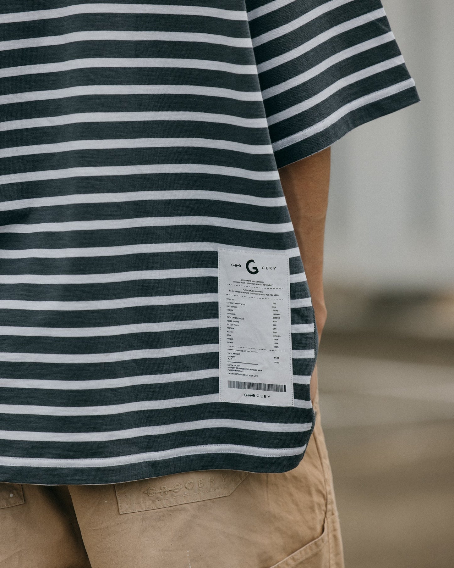 GROCERY TEE-075 JUMBO PANELED STRIPE INVOICE TEE/ DARK GREY STRIPE - GROGROCERY