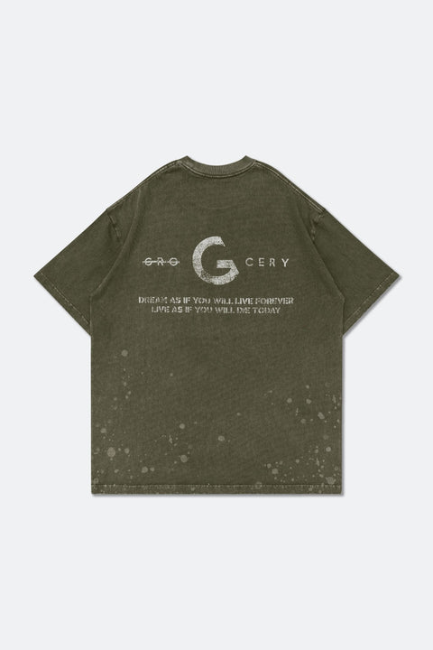 GROCERY TEE - 081 SAND WASHED PAINTED SLOGAN TEE/ OLIVE - GROGROCERY