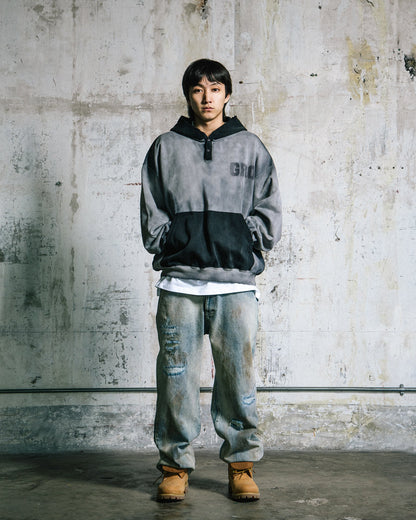 GROCERY TWO TONE BUTTON NECK WASHED HOODIE/ GREY & BLACK - GROGROCERY