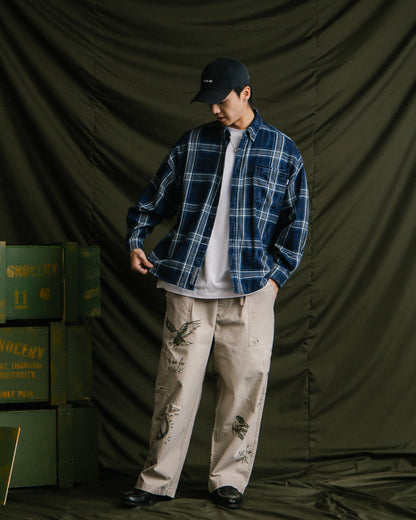GROCERY VINTAGE WASHED FLANNEL CHECK SHIRT/ NAVY - GROGROCERY