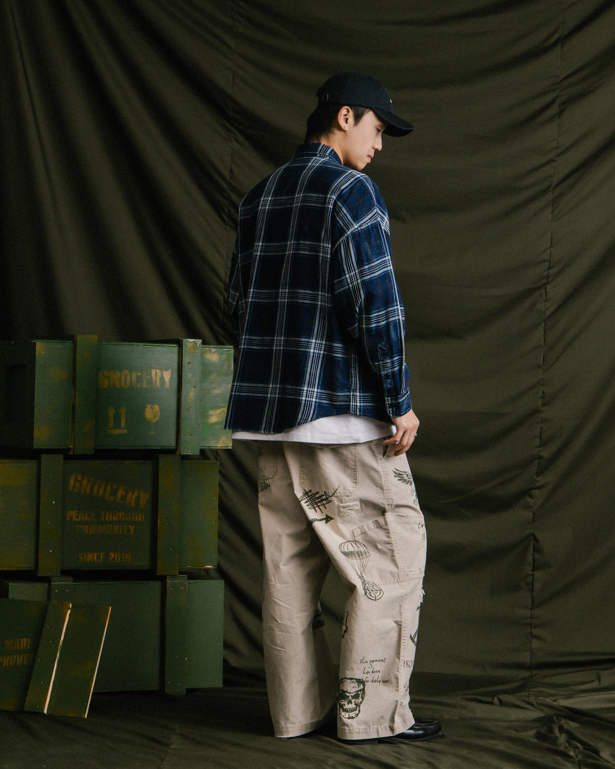 GROCERY VINTAGE WASHED FLANNEL CHECK SHIRT/ NAVY - GROGROCERY