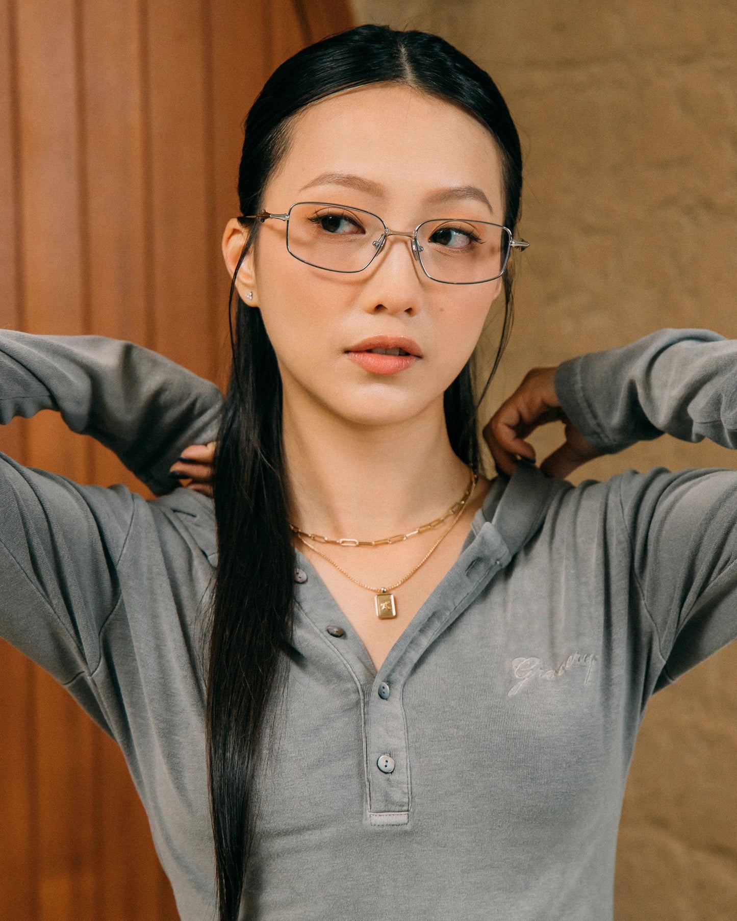 GROCERY WASHED BUTTON NECK HOODED LONG TOP/ FADED GREY - GROGROCERY