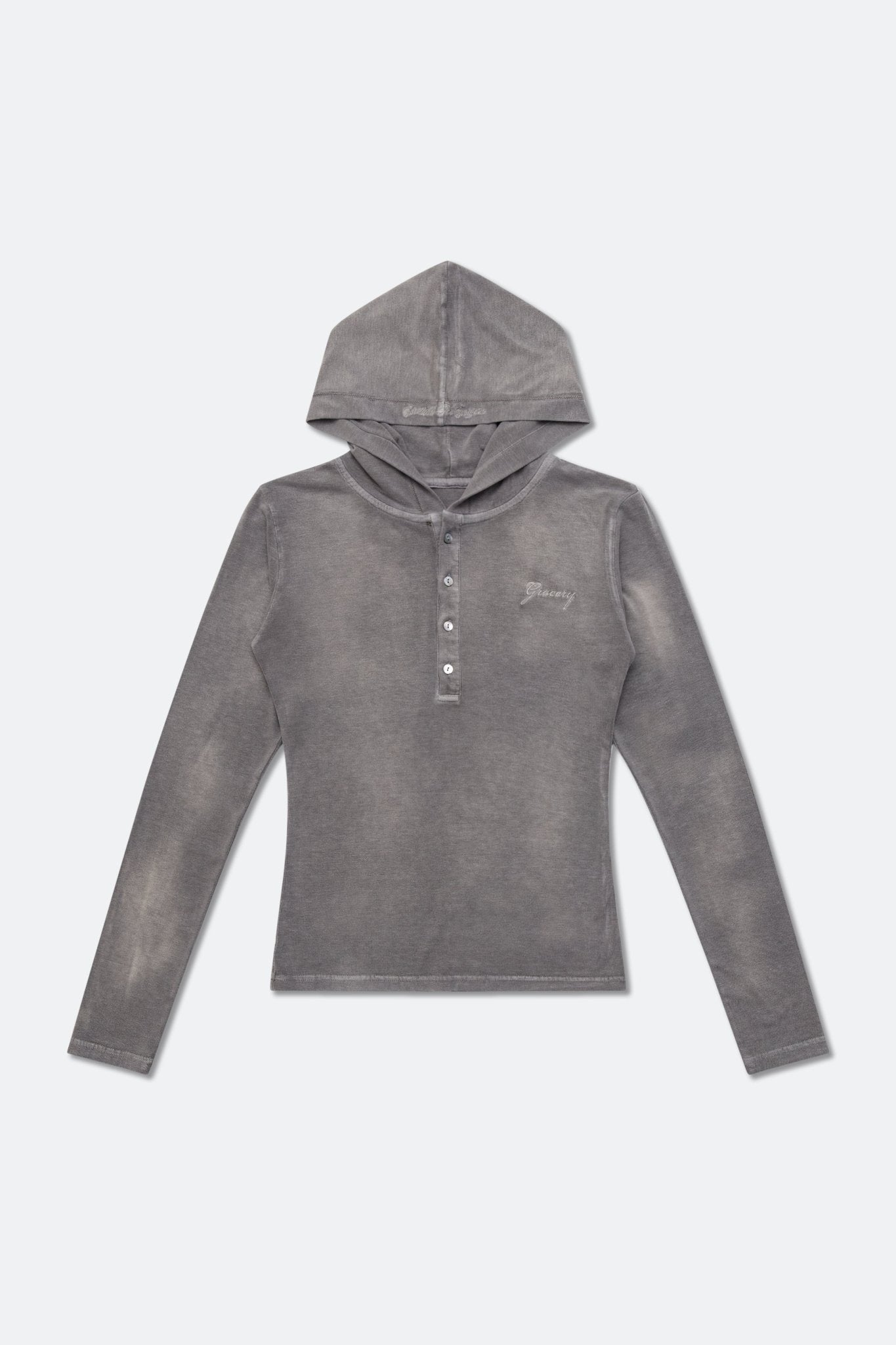 GROCERY WASHED BUTTON NECK HOODED LONG TOP/ FADED GREY - GROGROCERY