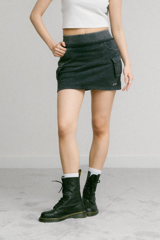 GROCERY WASHED CARGO MINI SWEAT SKIRT/ BLACK - GROGROCERY